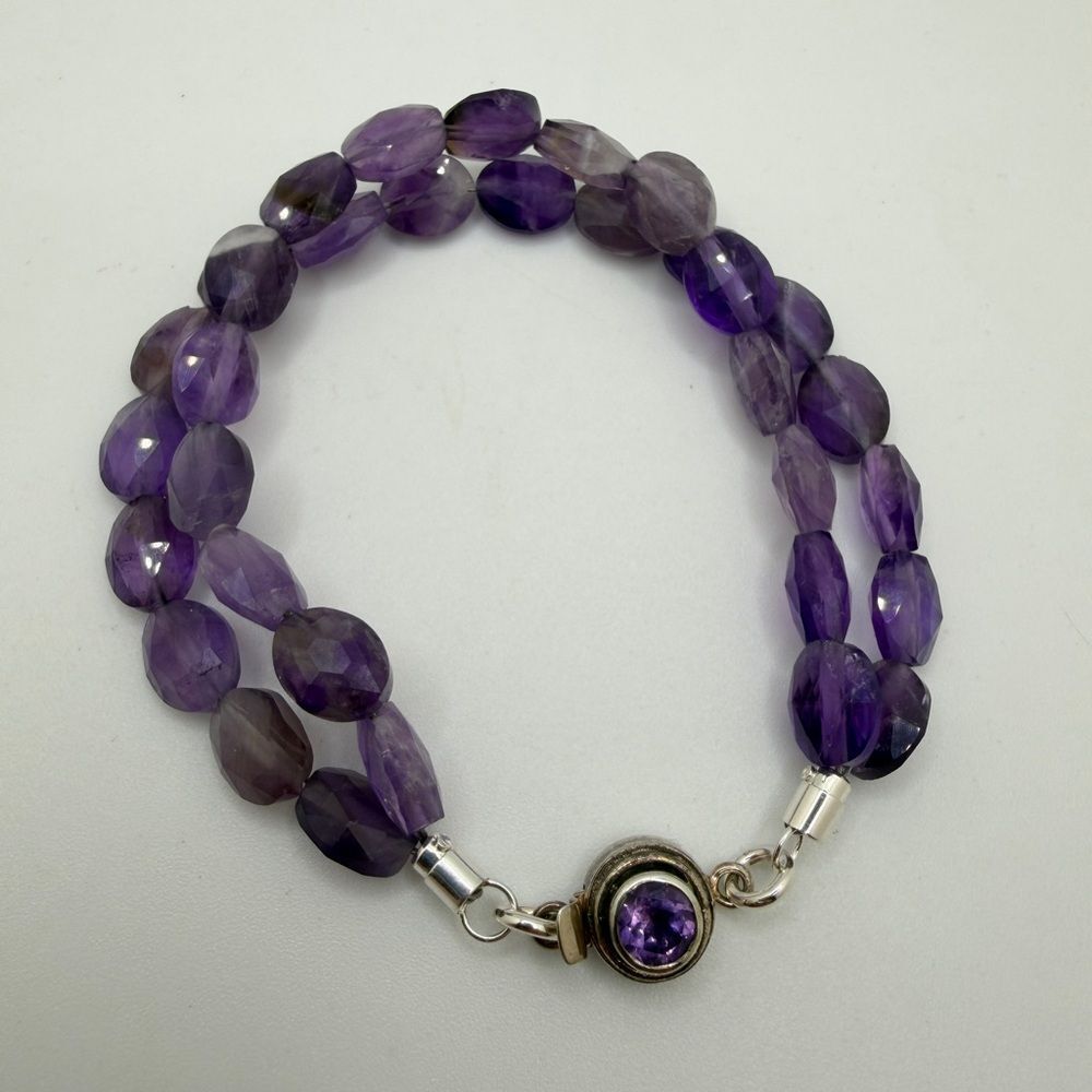 7.5" faceted AMETHYST double stranded bracelet with 925‎ insert clasp!